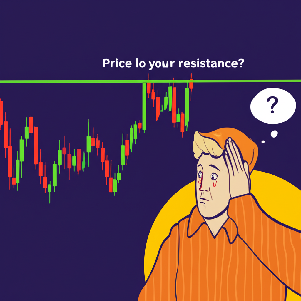 價格圖表顯示蠟燭圖突破阻力線後急轉直下,困惑的交易者觀察這市場陷阱