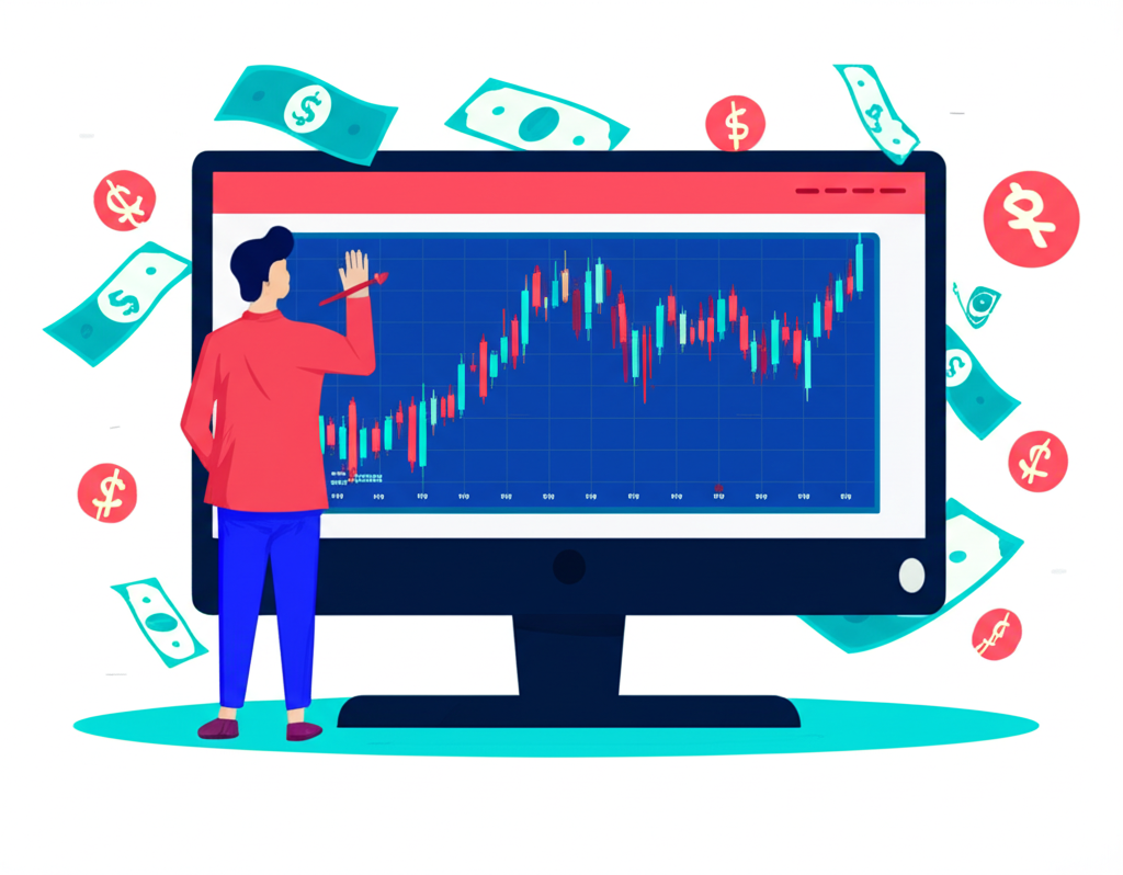 投資人快速買賣股票的圖示,顯示電腦螢幕上的股價走勢與獲利符號