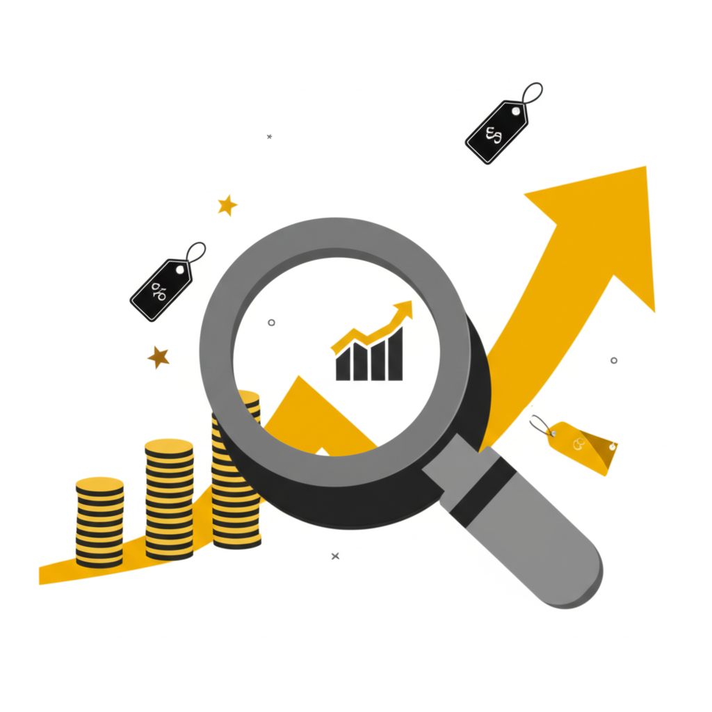 財務圖表上漲趨勢插圖,包含股票、薪資與價格圖示,象徵分析價格變動