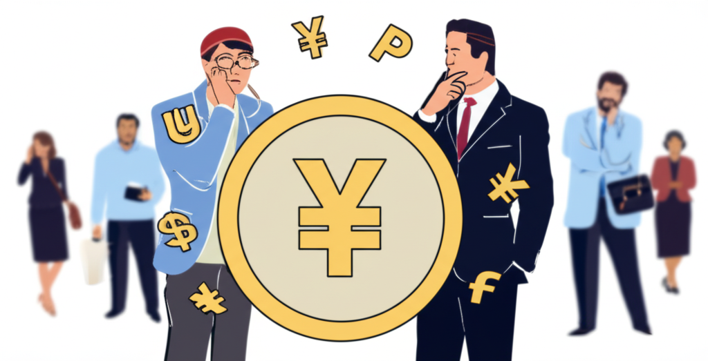 全球貨幣符號環繞日幣硬幣,背景為困惑的投資者和旅行者,顯示不確定性和決策過程