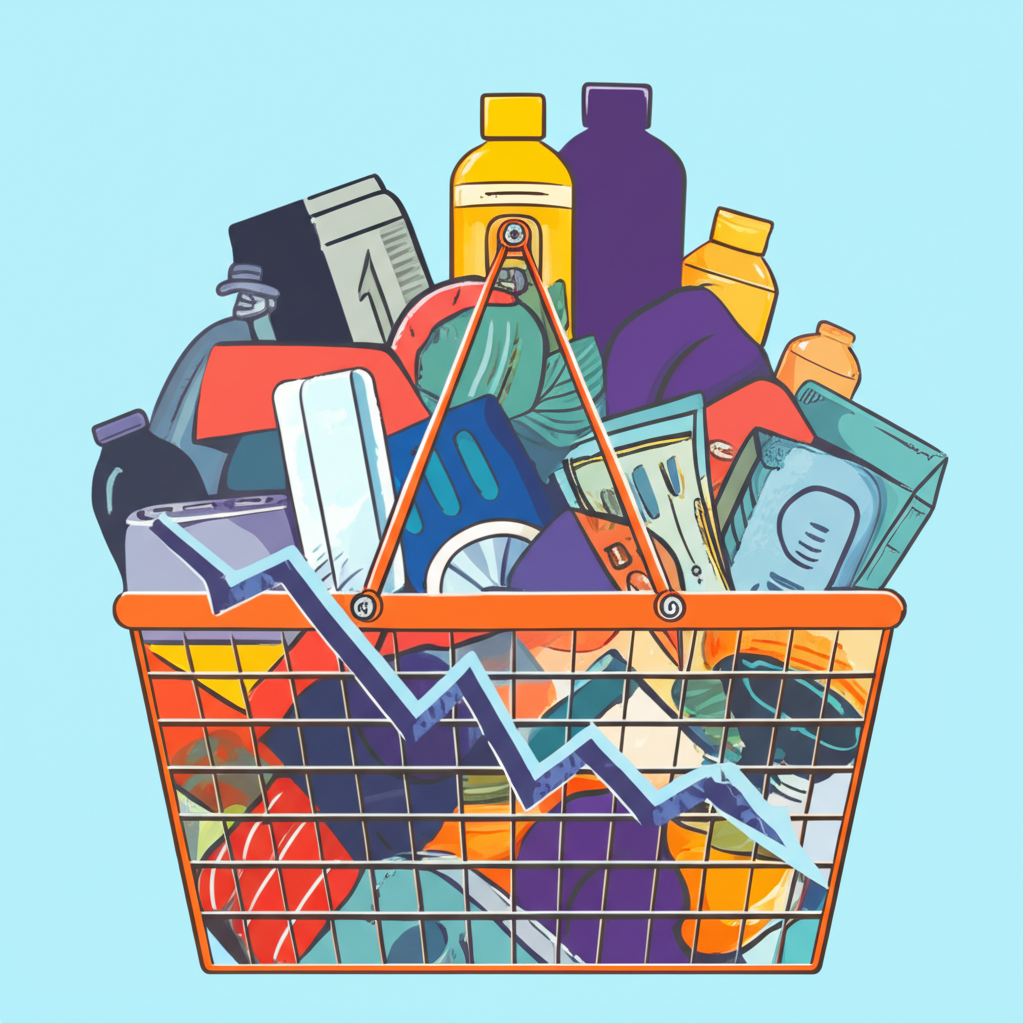 指數期貨合約抽象圖示,價值波動曲線與背景中多樣股票籃子形成的市場指數