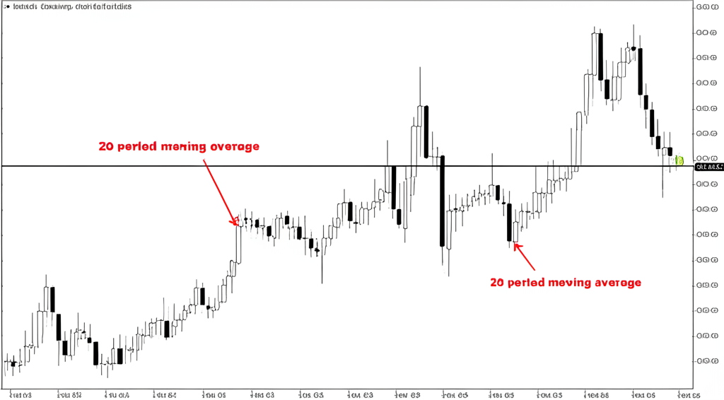 技術分析圖表顯示布林通道中軌為 20 期簡單移動平均,價格在上方與下方移動表示多頭與空頭趨勢