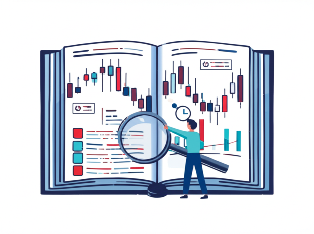 打開指南插圖,顯示K線圖、成交量和時間週期符號,放大鏡聚焦陰線,人物透過全面分析獲得市場洞察