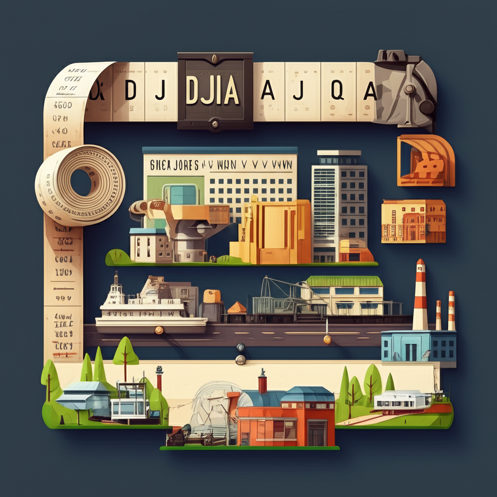 道瓊工業平均指數作為美國經濟歷史晴雨表的插圖,顯示復古股票報價機和經濟事件時間線通往現代多元化產業