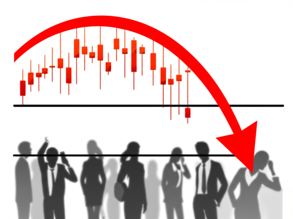 股市圖表顯示紅色向下箭頭觸及限制線,背景有擔憂的投資人,象徵股票跌停與交易暫停