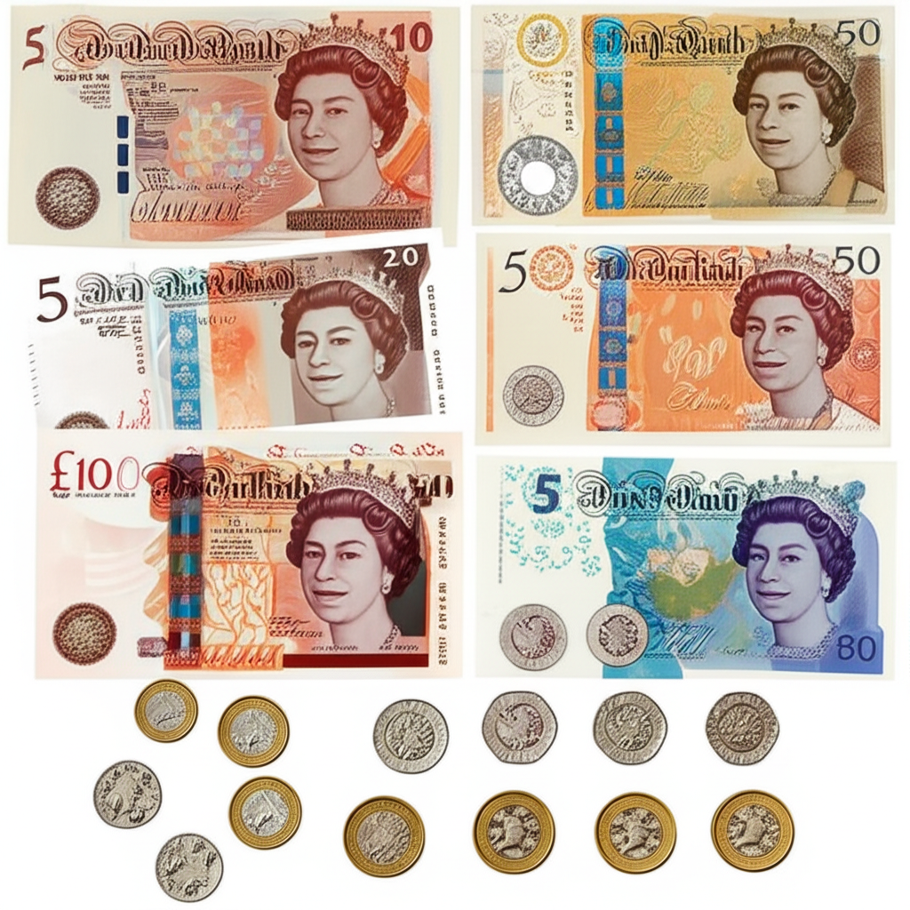 英鎊紙幣5、10、20、50英鎊及各種硬幣1p、2p、5p、10p、20p、50p、1、2英鎊整齊排列的插圖