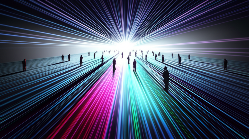 抽象金融數據流匯聚市場執行中心,多樣市場參與者觀察動態流轉的插圖