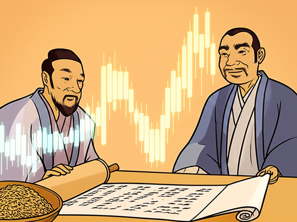 An illustration depicting the historical origin of the candlestick chart with a Japanese rice merchant Homma Munehisa observing rice futures prices on a scroll while a modern K-line chart hovers above illustration style