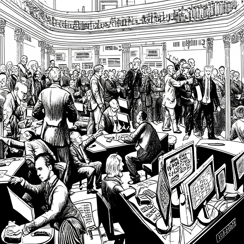 從喧鬧舊式交易池喊價手勢演進至現代電子交易電腦數據螢幕的歷史插圖