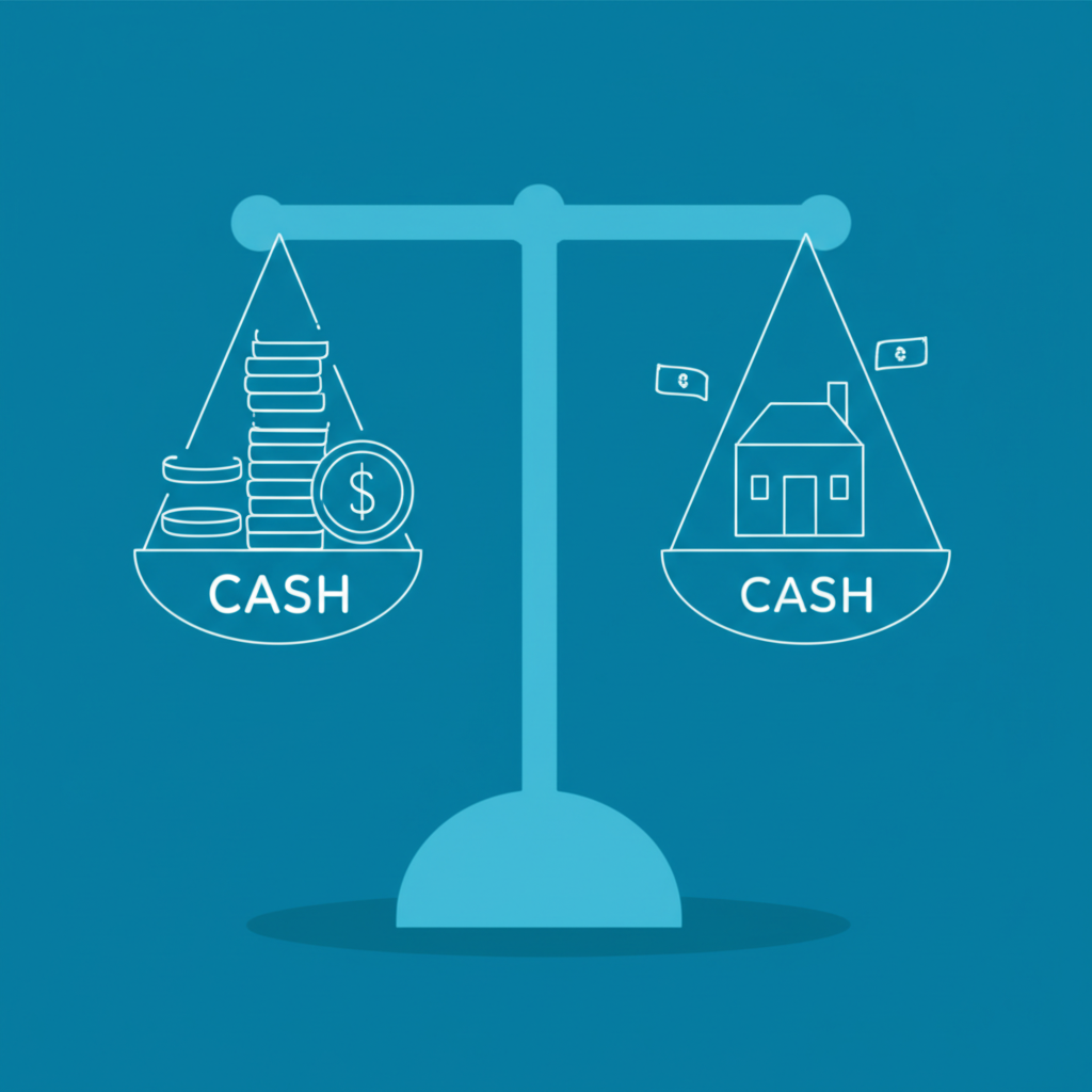 資產快速無痛轉化為現金而不影響市場價格的插圖,伴隨平衡秤顯示穩定與速度,代表流動性的核心定義