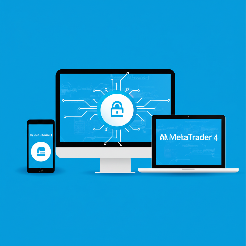 各種裝置如桌面、筆電、手機和平板顯示 MetaTrader 4 標誌與安全鎖圖示,突顯多平台存取與安全性