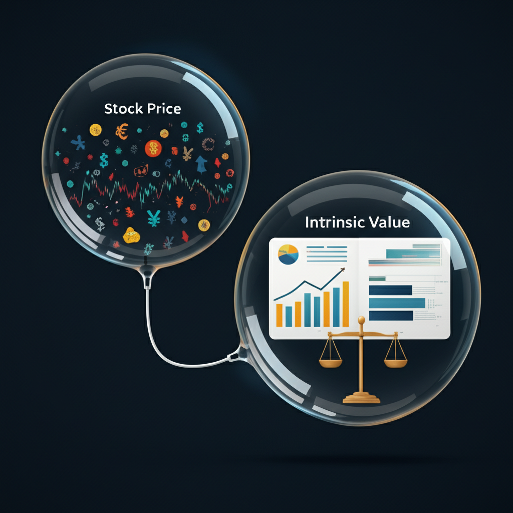 兩個氣泡:一個標示股價充滿混亂市場符號,另一個標示內在價值有穩定公司數據圖表和天平
