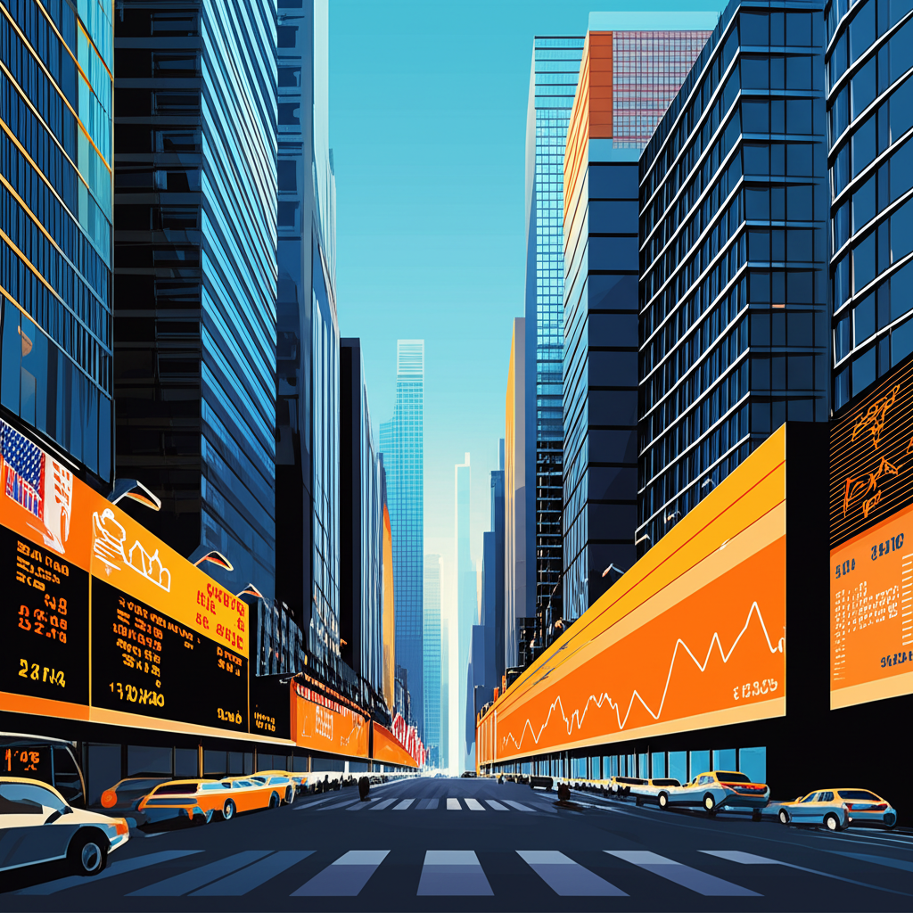 S&P 500 指數在繁華金融區的插圖,象徵美國經濟的黃金標準與市場健康指標