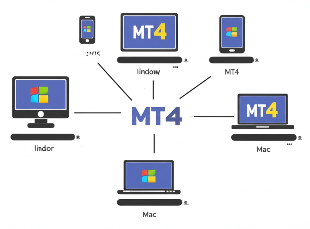 多種裝置如 Windows PC、Mac 筆電和手機顯示 MT4 下載與安裝過程的插圖