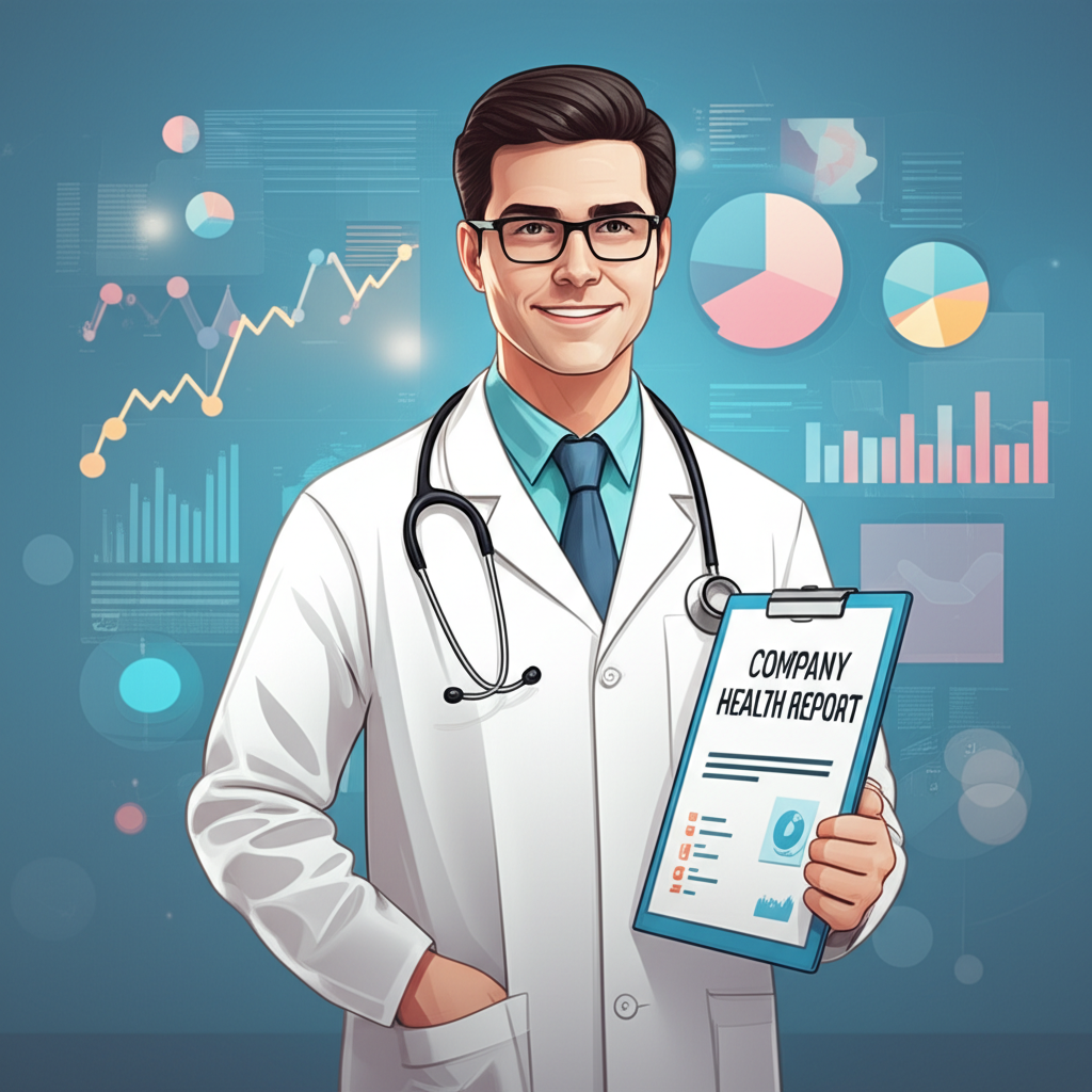 醫生手持公司健康報告的插圖,象徵徹底的企業財務檢查