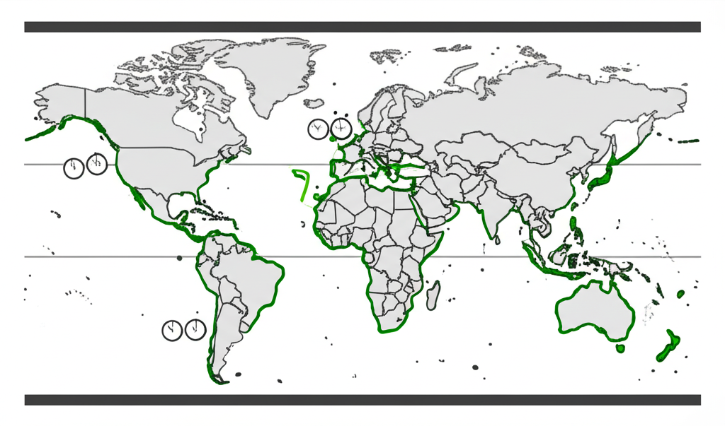 全球時區對照圖:世界地圖標示美國、台灣與香港的交易時間差異