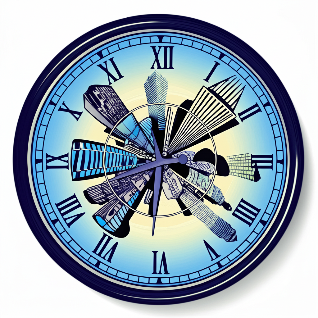 An illustration of a grand clock representing FOMC meeting time with global financial markets like Wall Street and Taipei buildings swirling around it showing interconnectedness and impact a sense of anticipation and importance