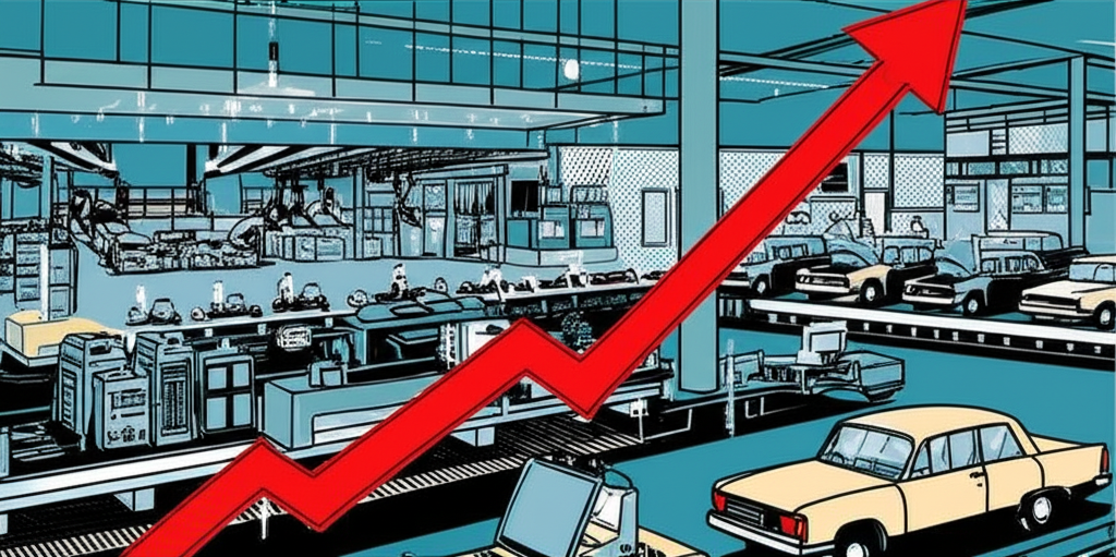 An illustration of the Japanese bubble economy in the late 1980s with soaring stock and real estate prices reaching extreme highs then a dramatic collapse of the market symbolized by a falling Nikkei index