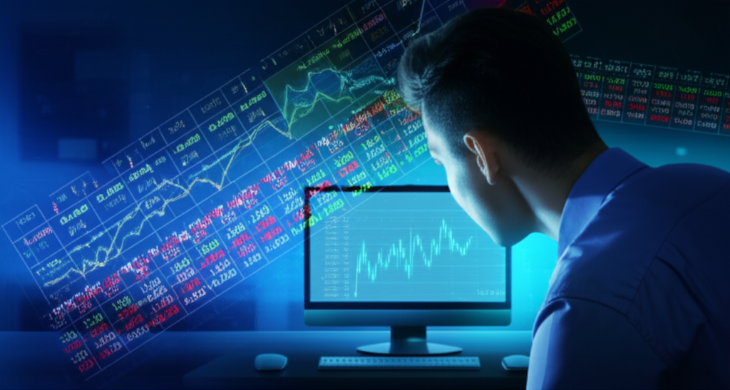 一位人士專注觀看螢幕上動態貨幣圖表的插圖,象徵利用槓桿產品進行外匯交易獲利的進階概念
