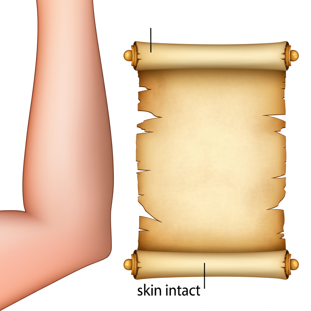 健康光滑皮膚的手臂標示 skin intact 旁邊是完整捲起的古老卷軸
