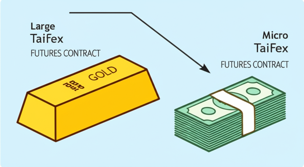 標準台指期貨與微型台指期貨大小比較,顯示降低資金需求與更容易進入市場