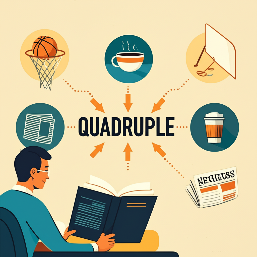 一位學習英語的人注視著神秘詞彙 quadruple,四支箭頭向外延伸,象徵其在商務、體育和日常生活中作為動詞與形容詞的四倍多功能性