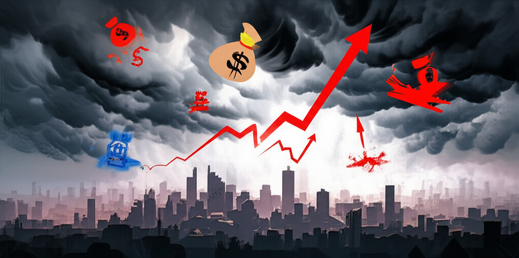 陰沉經濟烏雲籠罩城市,象徵高通脹、加息與地緣衝突的插圖