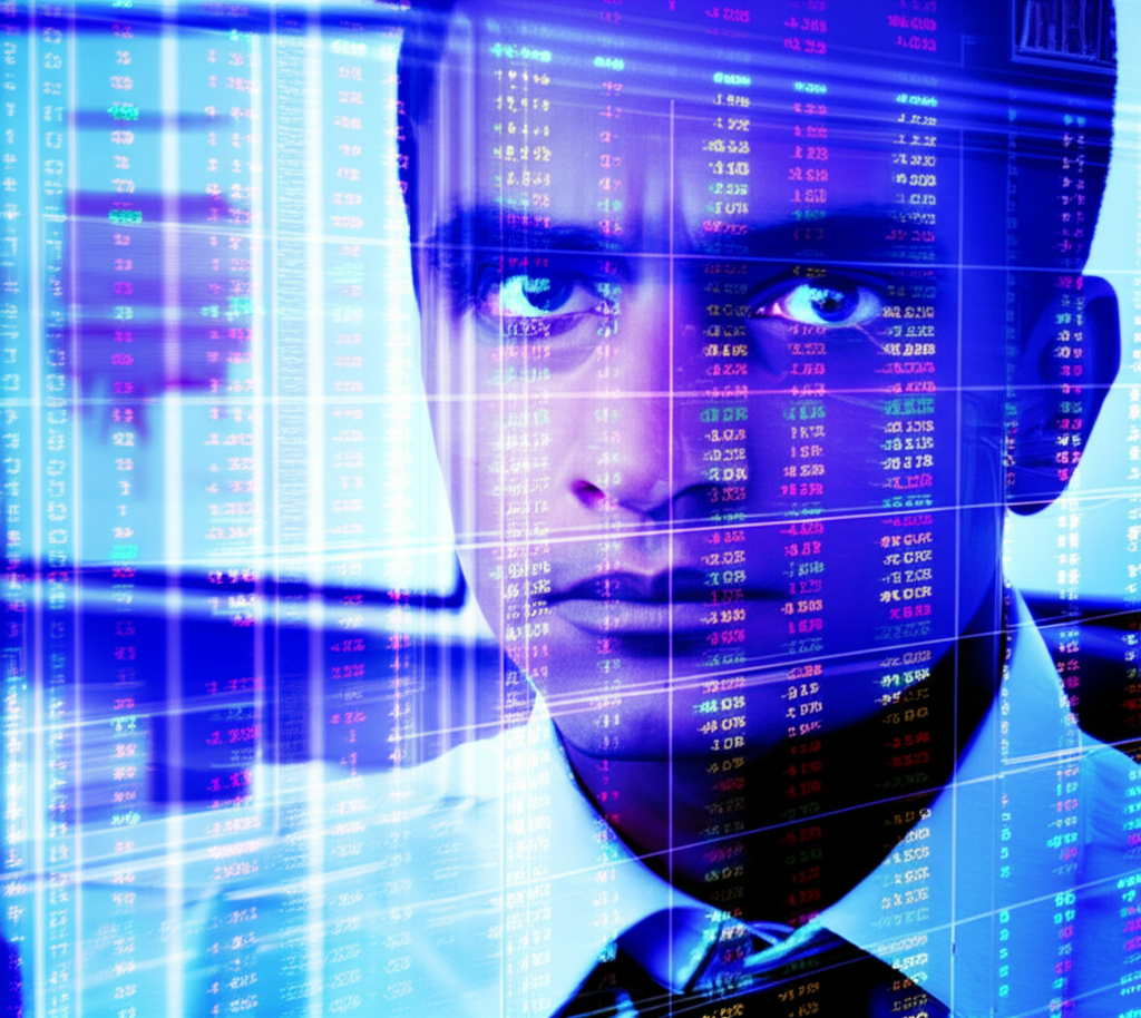 專注剝頭皮交易者的插圖,顯示多螢幕金融圖表與高頻決策環境