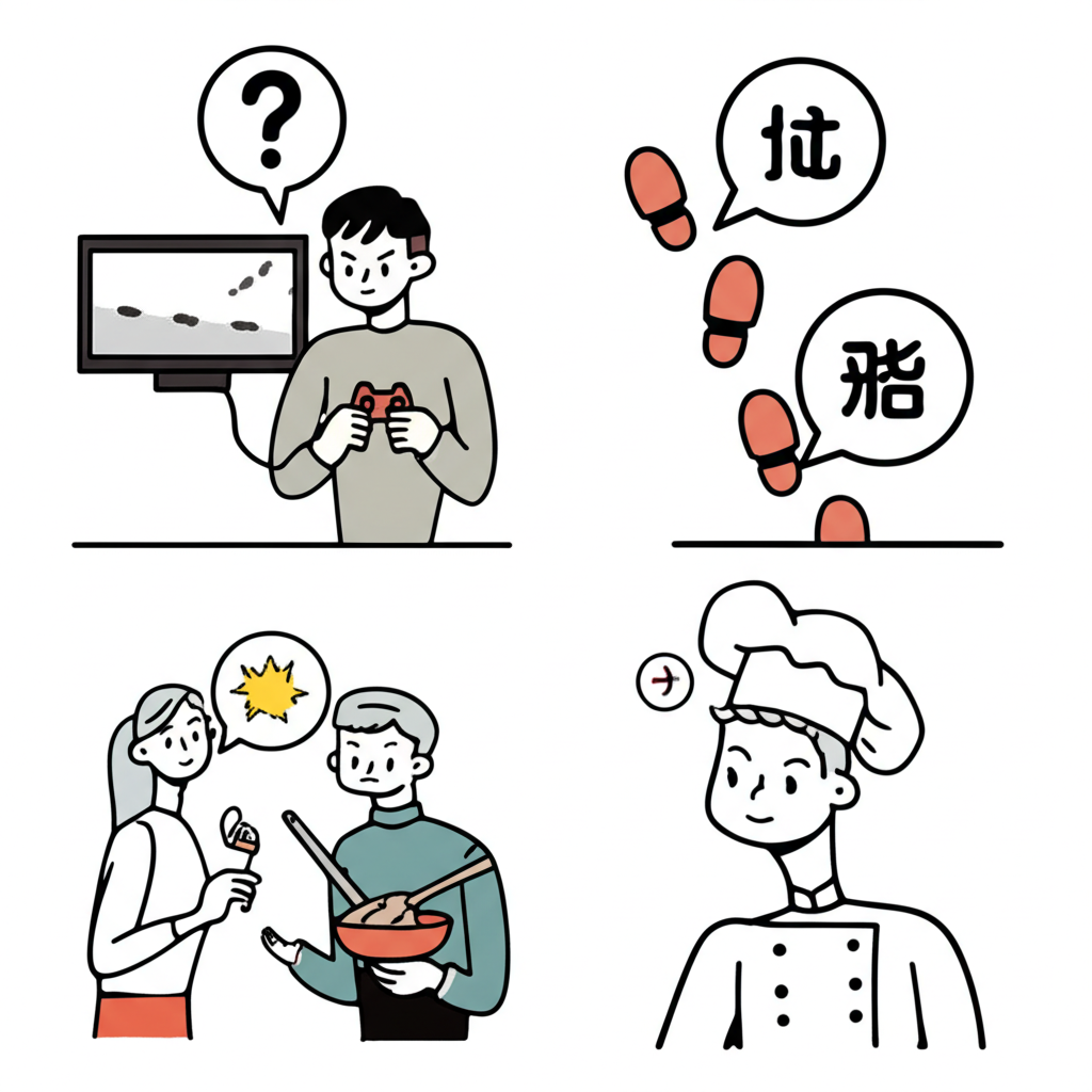 四個場景展示ヒント的中文翻譯:遊戲提示、偵探線索、廚師訣竅與朋友小提示