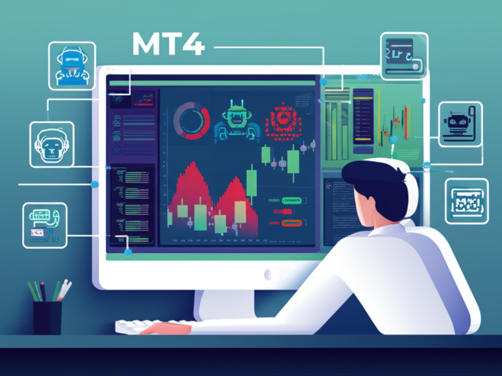 交易者使用 MT4 平台進行圖表分析與自動交易的插圖