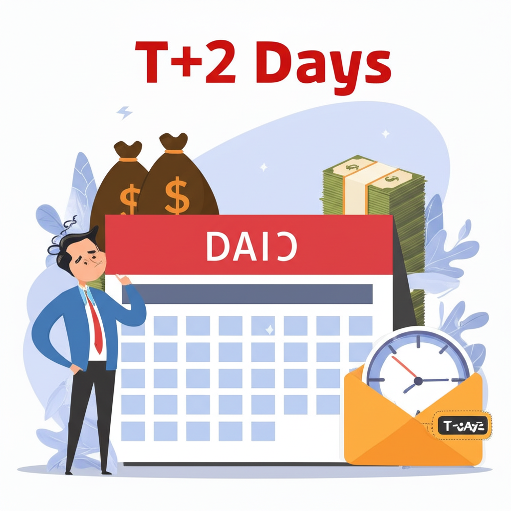 T+2交割制度圖示:顯示資金袋、股票證書與投資人面對截止期限的困惑