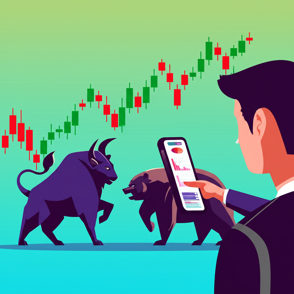 股票市場趨勢與漲跌圖表插圖,包含牛熊符號和綠紅蠟燭圖