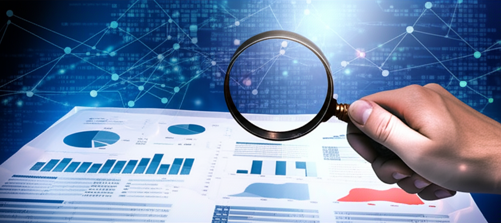 投資者使用放大鏡檢視公司財務報表的插圖,象徵聰明投資與商業策略