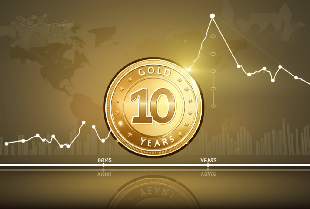 黃金幣與十年時間線圖,象徵經濟與地緣政治變遷下的價值儲存