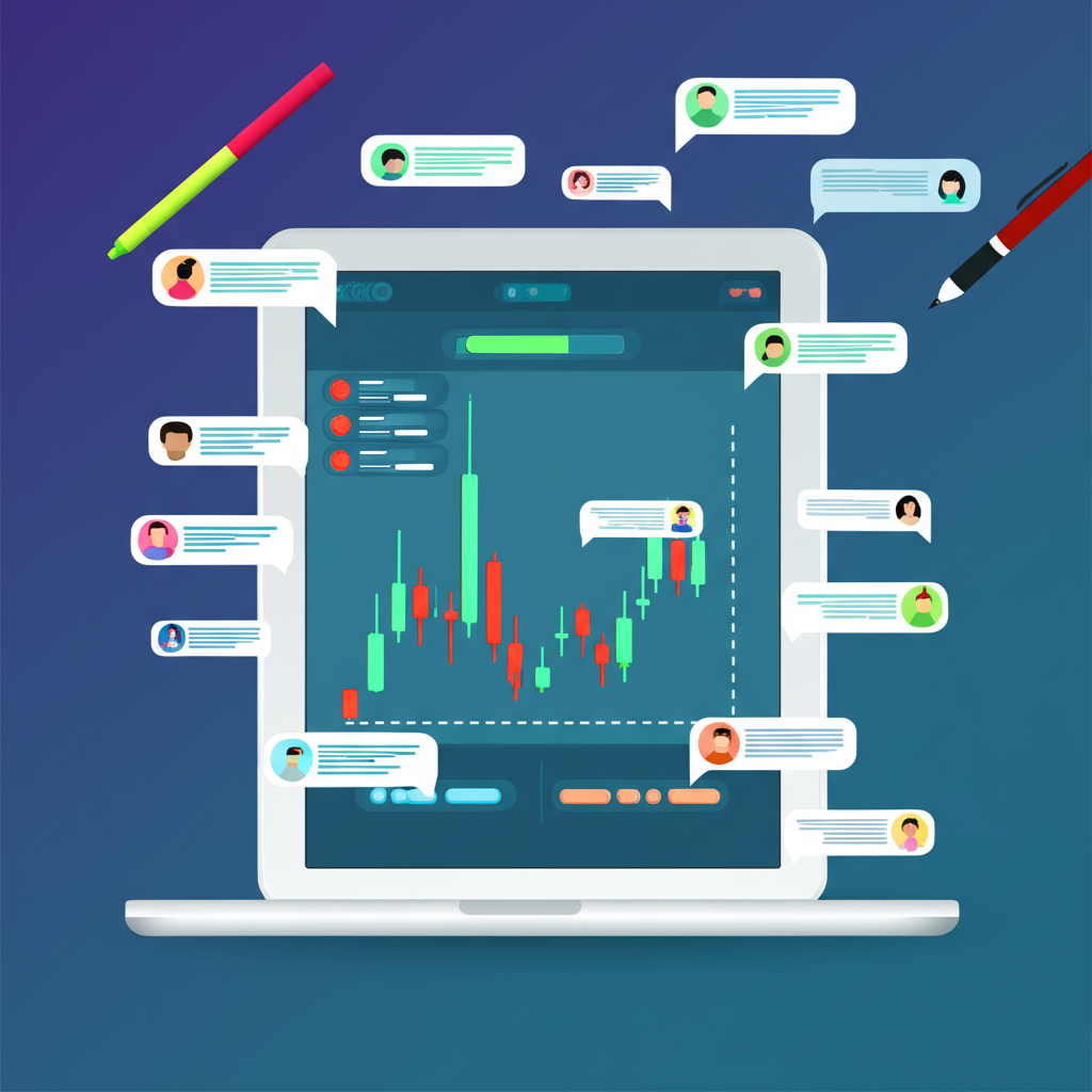平板上的詳細金融圖表配以繪圖工具與社群討論泡泡