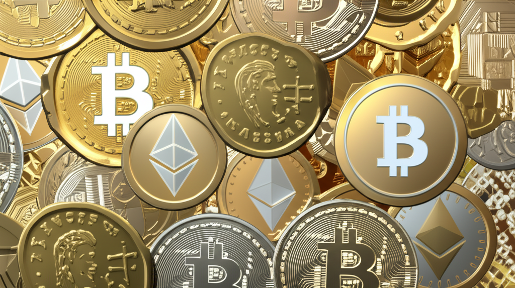 古金幣與現代數位貨幣交織，象徵國家財富與穩定