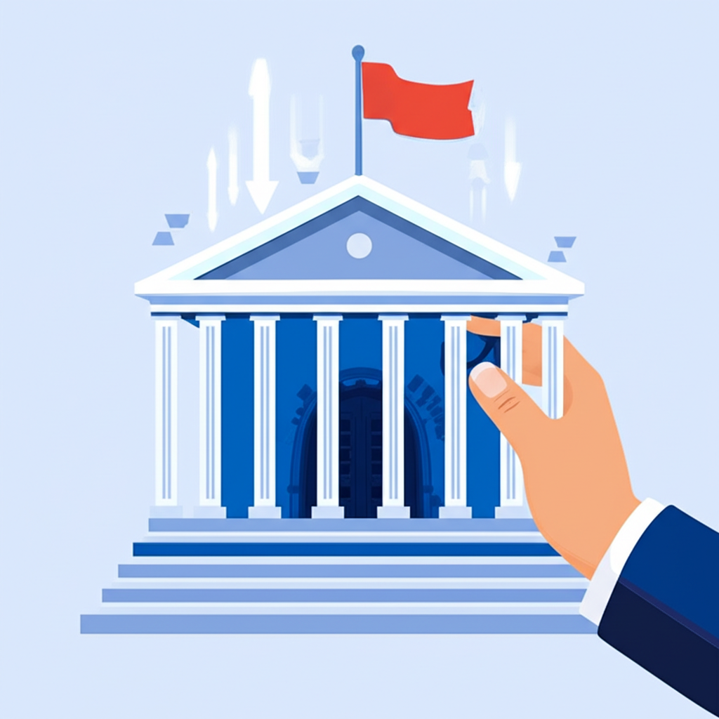 央行大樓與巨手轉動升息撥盤,象徵控制通膨與經濟降溫的插圖