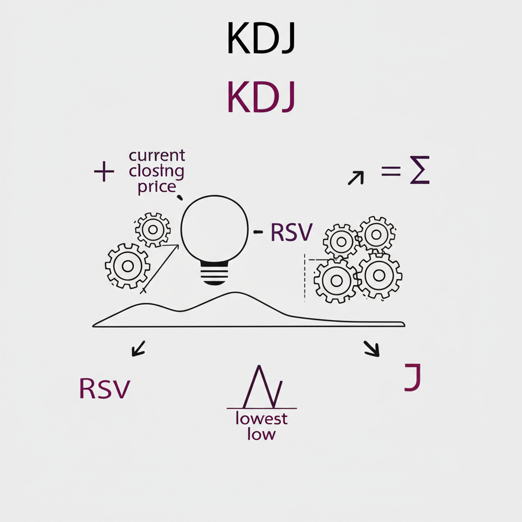 KDJ指標計算過程示意圖,包括RSV K D J值的衍生與數學公式