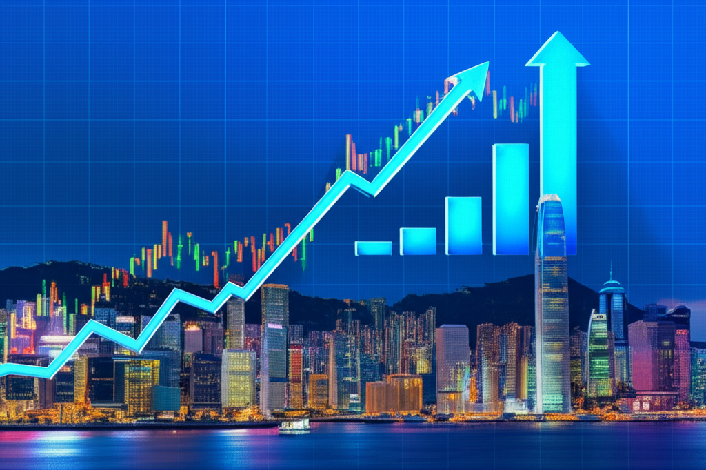 香港天際線與股市圖表疊加的藍籌指標插圖,代表經濟健康與投資機會