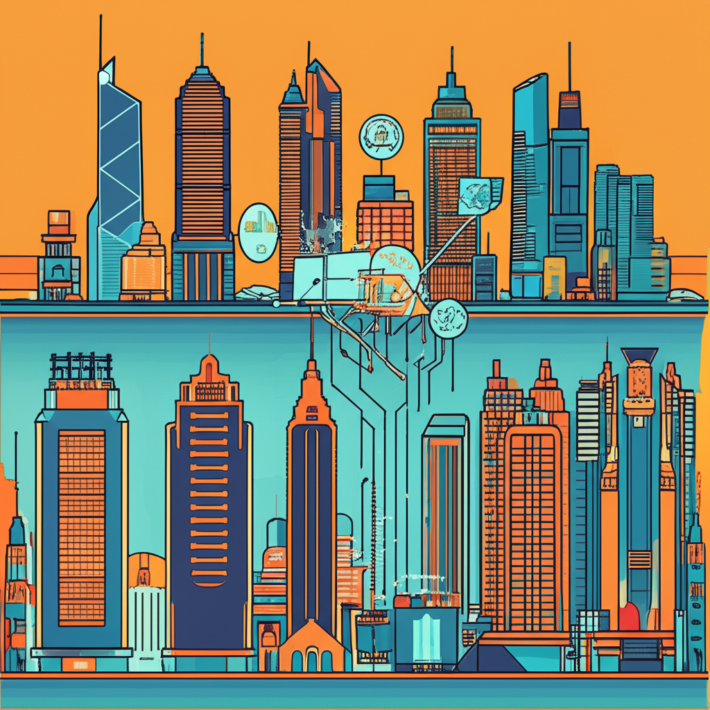 代表香港股市各行業領軍公司的多樣化群組插圖,包括金融、地產與科技等領域