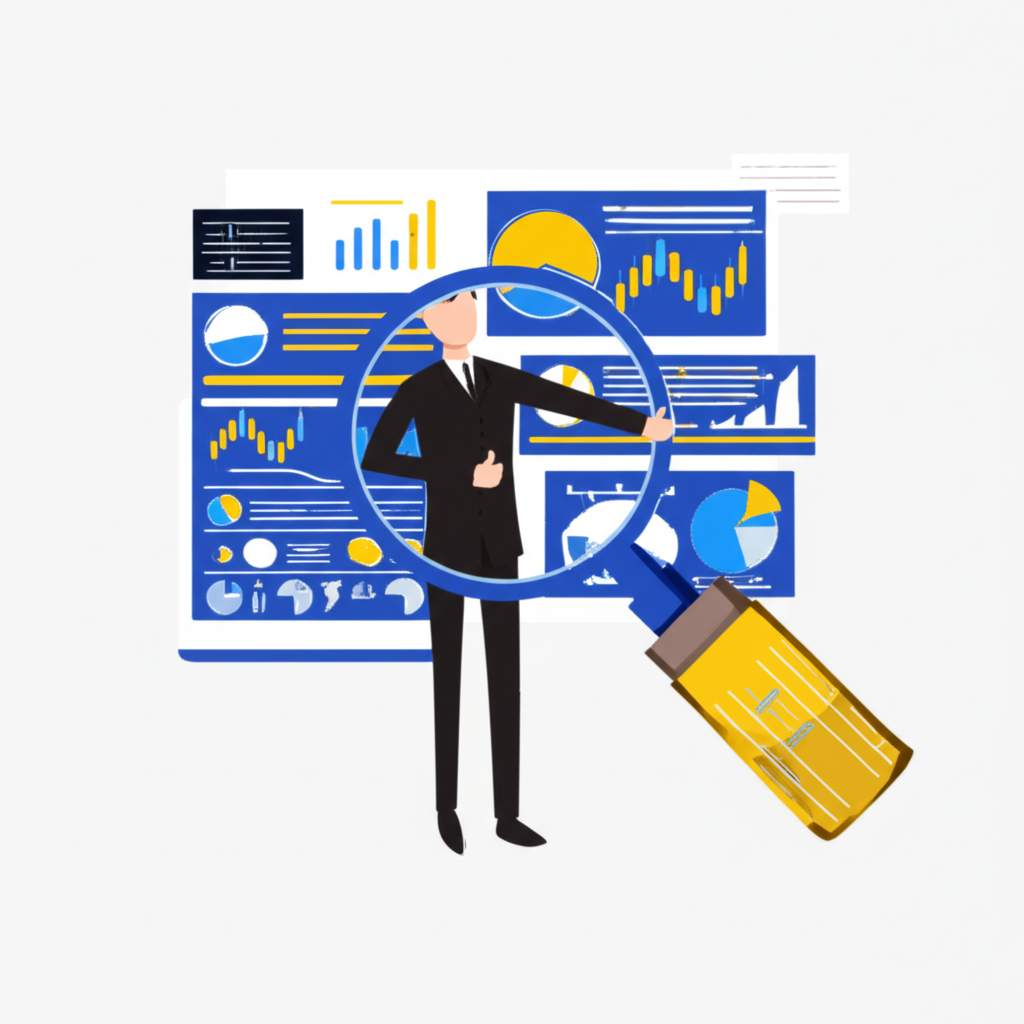 一位人士使用放大鏡研究各種金融圖表和指標的插圖,代表市場分析與策略投資