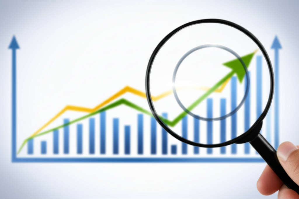 放大鏡檢視高 ROE 公司穩定成長圖表,背景公司標誌的財務分析插圖
