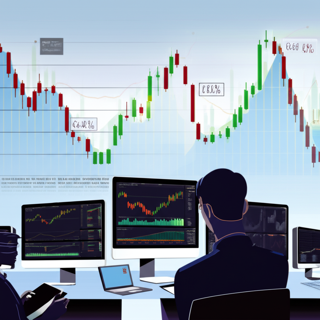 金融市場震盪插圖,股票圖表價格在區間內波動,顯示 KDJ、RSI 和 MACD 指標