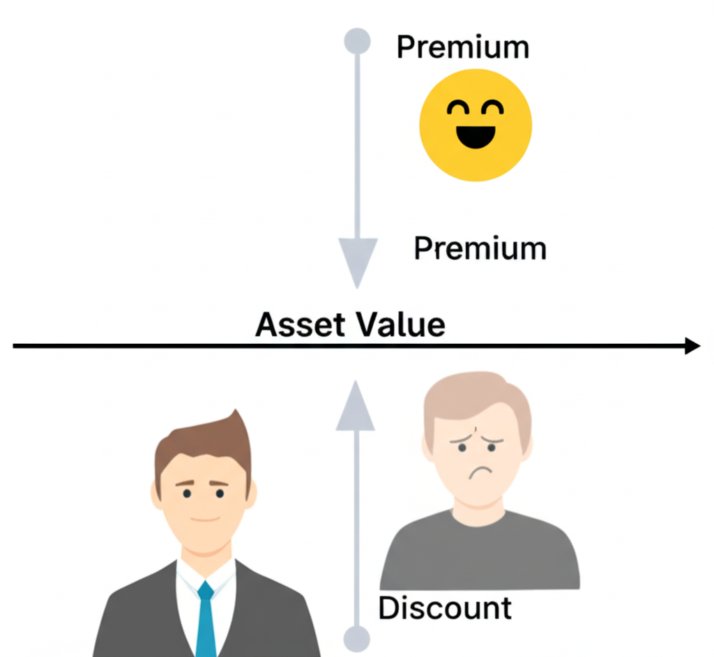 溢價與折價伴隨投資人情緒的示意圖