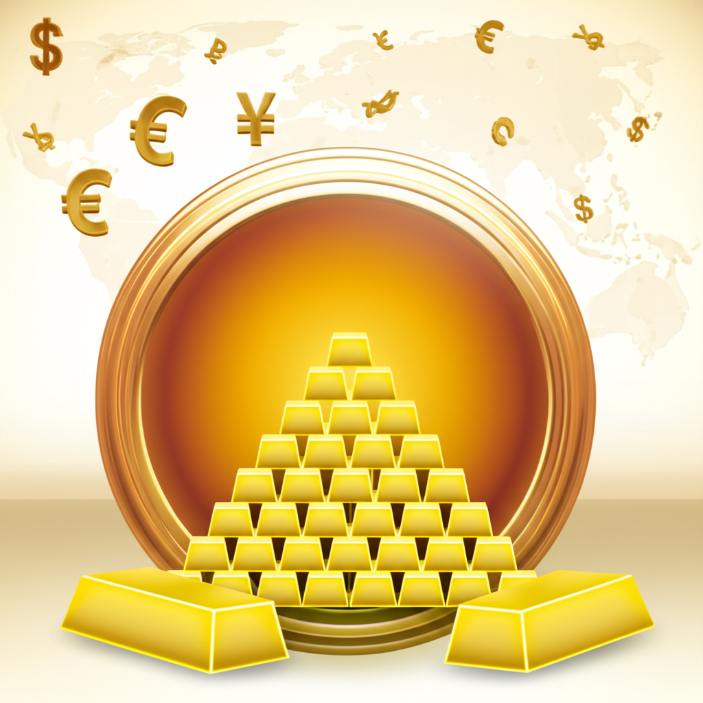 全球黃金儲備圖示,展示充滿金條的寶庫代表國家財富與經濟安全,背景為世界地圖與貨幣符號象徵全球穩定