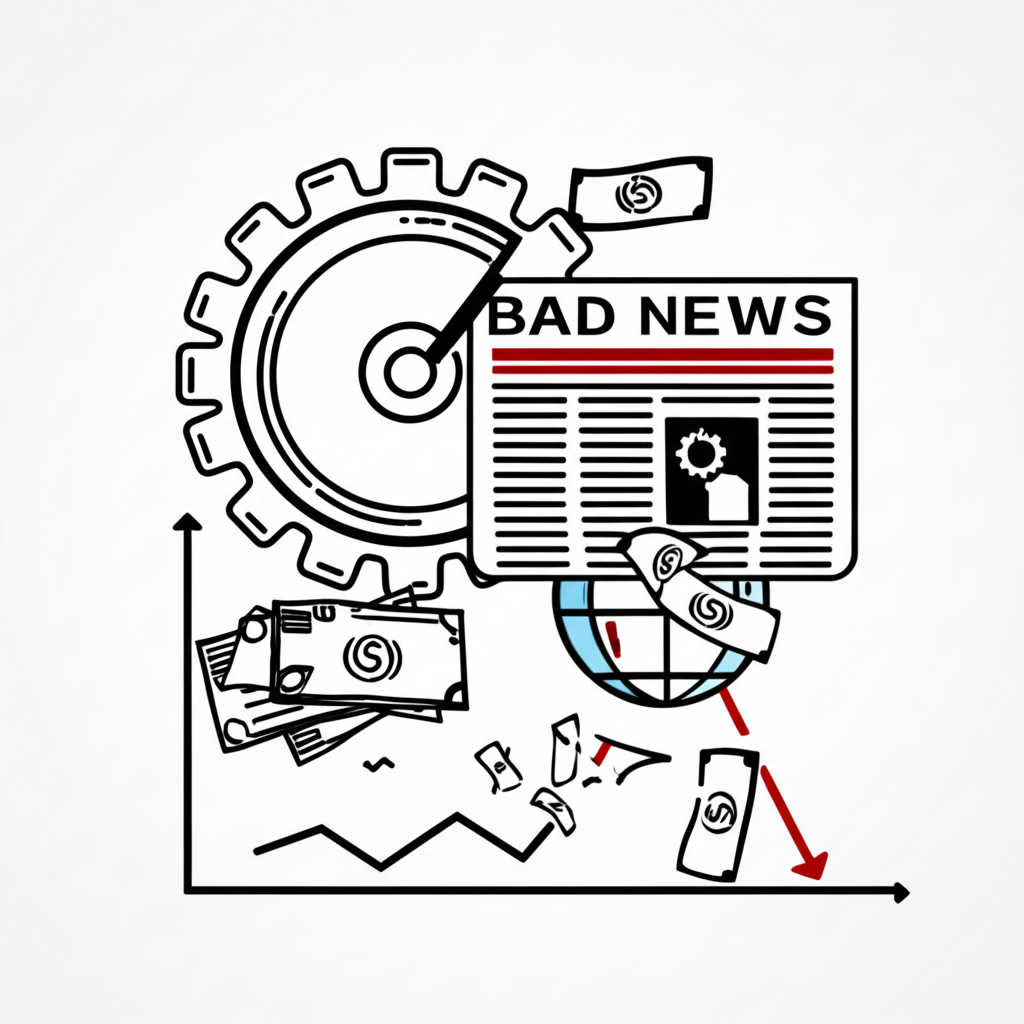 影響股價的各種因素插圖,包括壞掉的公司齒輪、負面新聞報紙、全球經濟圖表、下行技術圖表以及飛離的資金