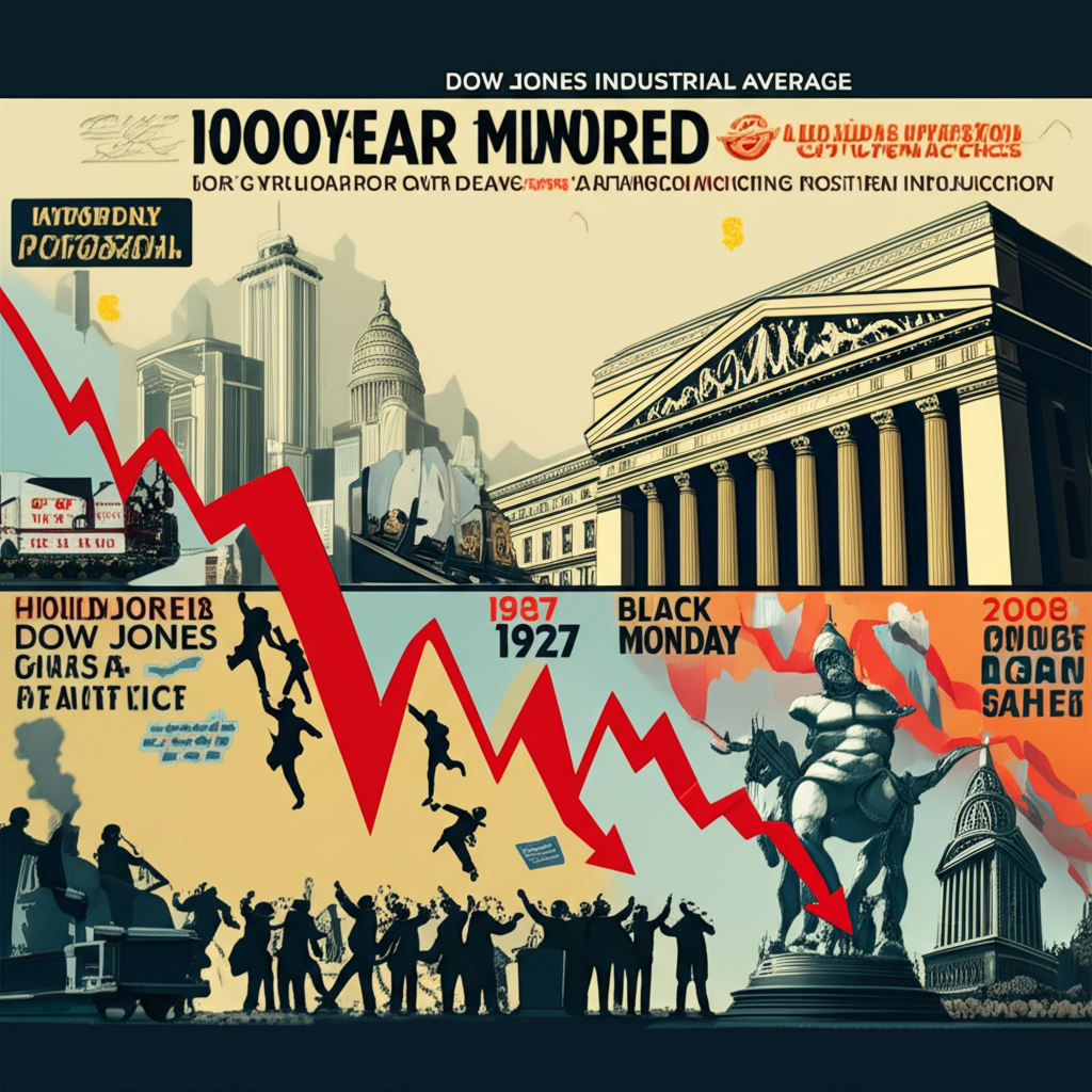 道瓊工業平均指數百年歷程插圖,包含1929年大蕭條、二戰後繁榮、1987年黑色星期一和2008年金融危機等關鍵里程碑