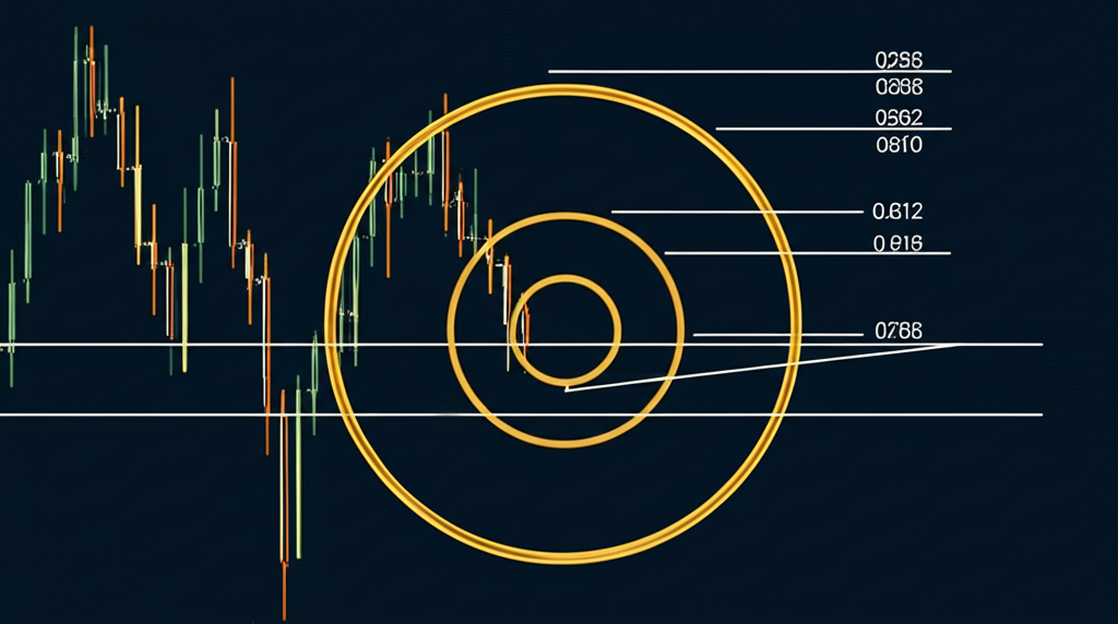 關鍵斐波那契比率0.236、0.382、0.500、0.618和0.786從黃金螺旋中浮現,疊加在金融圖表上,顯示支撐與阻力線