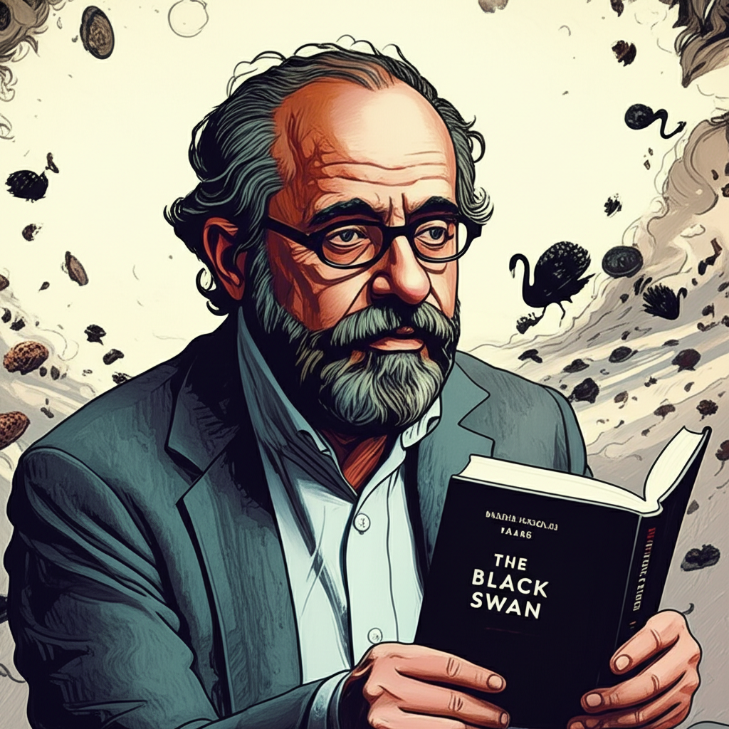 納西姆·尼可拉斯·塔雷伯沉思手持《黑天鵝》書籍,周圍環繞罕見衝擊事件抽象圖像,傳達深刻洞見
