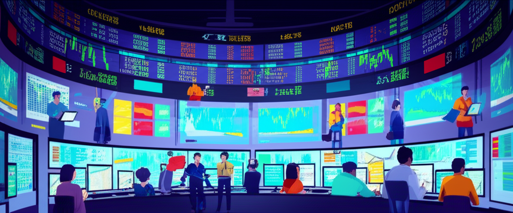 多樣交易者在繁忙金融市場中操作,包括機構、散戶和做市商,背景有價格圖表和數據流
